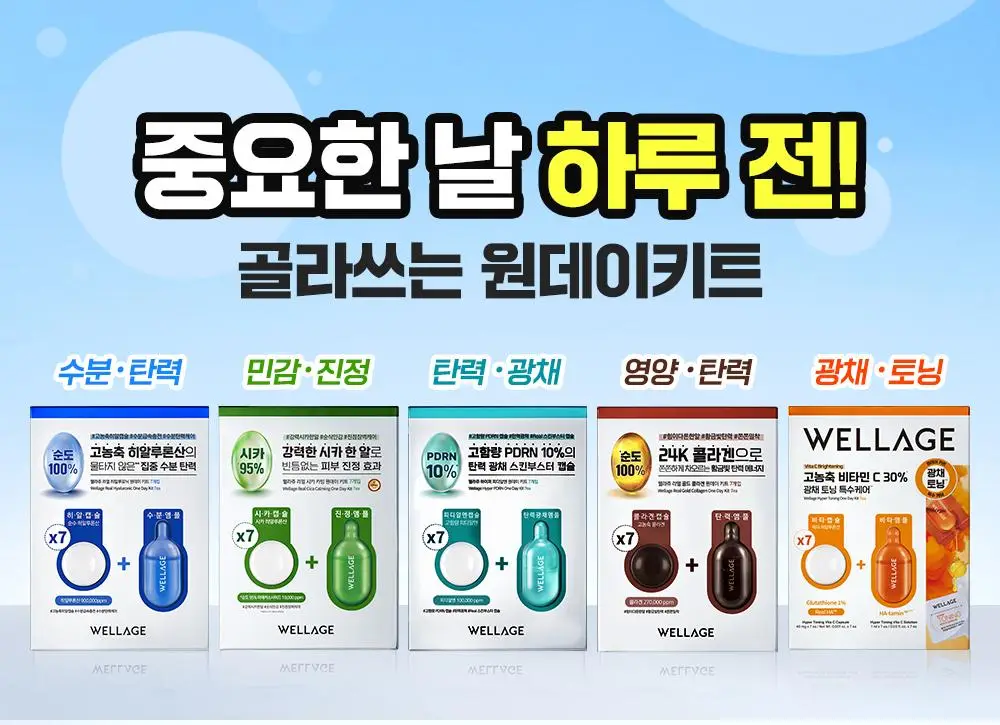 [중요한날하루전] 웰라쥬 원데이키트 캡슐 앰플 7개입 4종 택1 (PDRN/히알/시카/토닝) 상세페이지 1